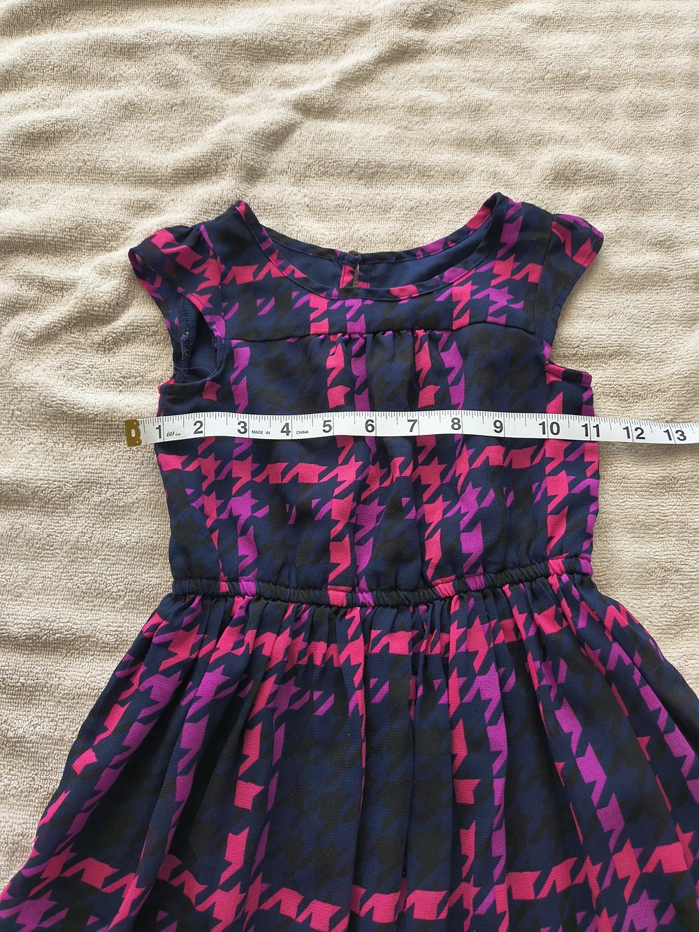 Girls Navy and Hot Pink Patterned Houndstooth Dress
